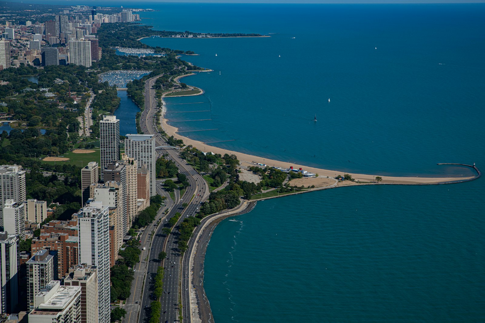 Aerial view of the Chicago lakefront, beaches and skyline along Lake Michigan