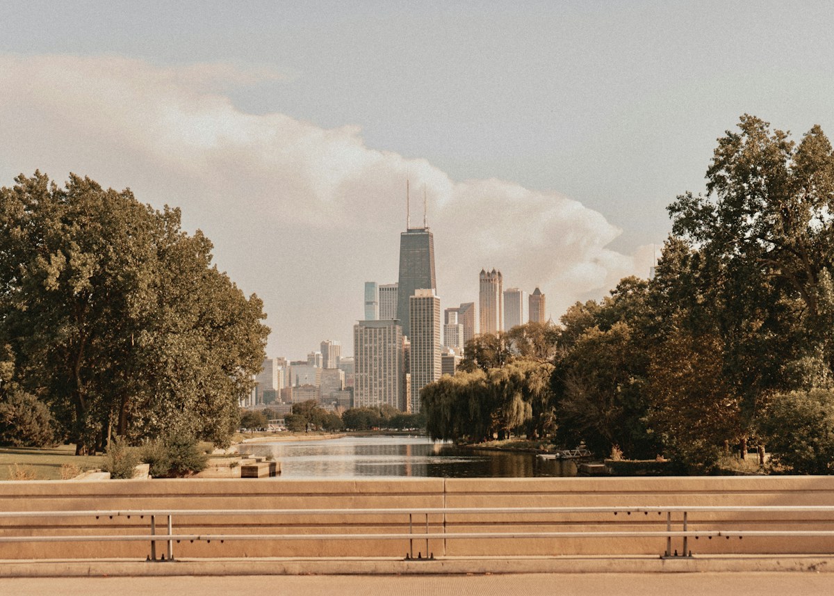 Chicago park and lakefront with skyline beyond