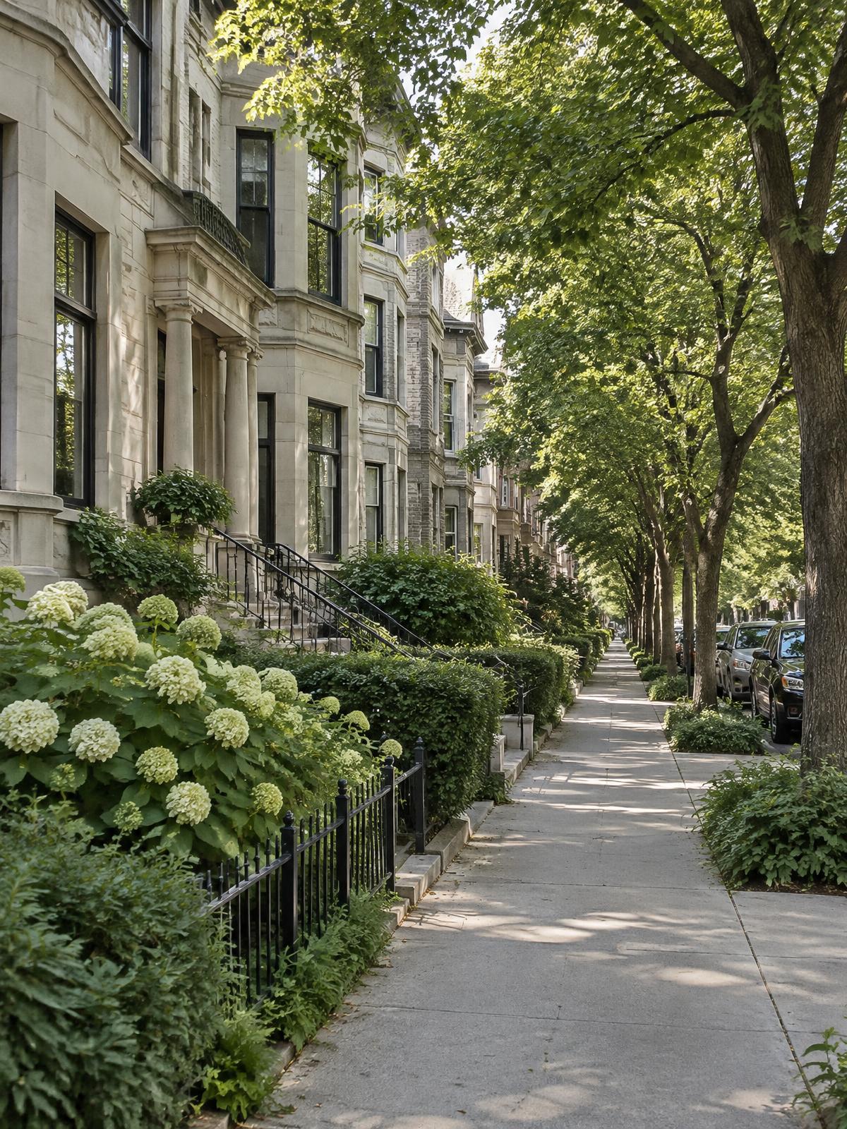 Illustrative rendering of a tree-lined brick residential street, evoking Lakeview