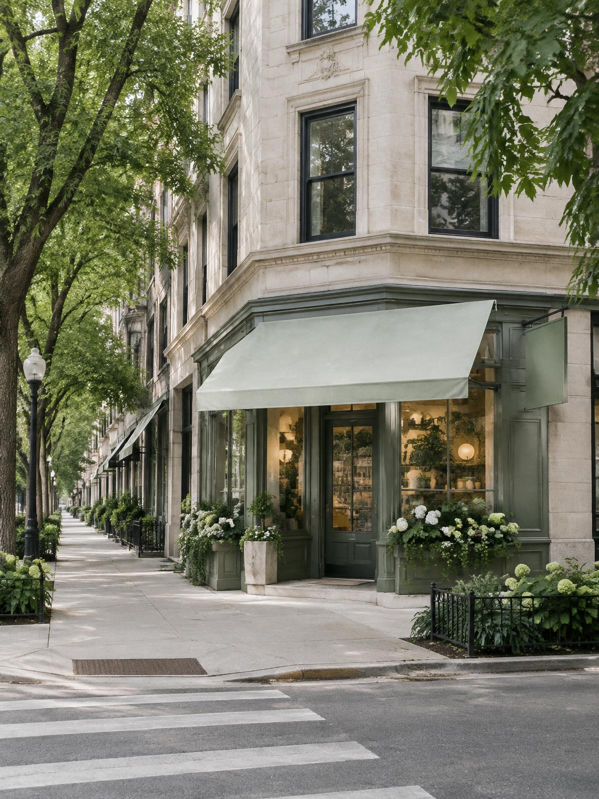 Illustrative rendering of an old-world brick corner storefront glowing in warm evening light, evoking Lincoln Square