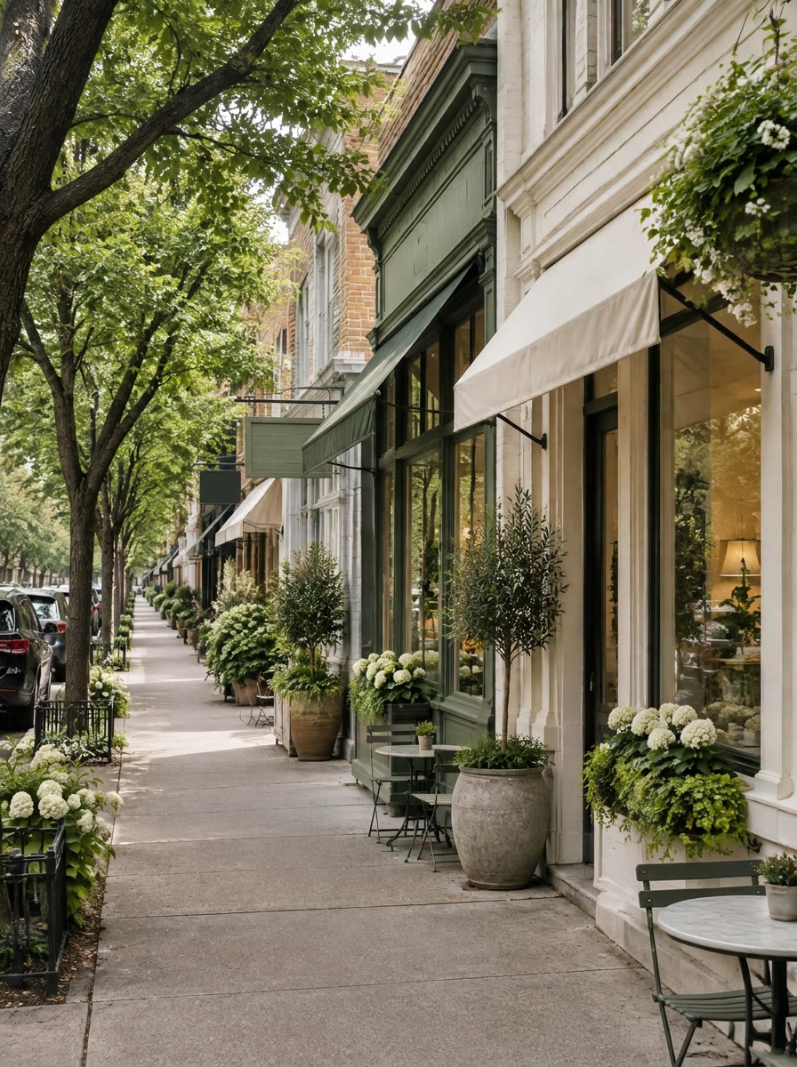 Illustrative rendering of a small-village storefront strip with sidewalk seating, evoking Roscoe Village